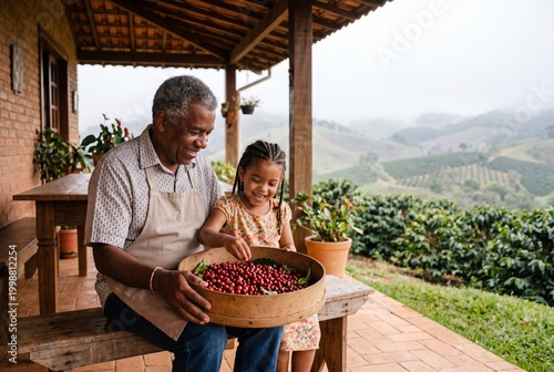 Happy grandfather and granddaughter sorting ripe red coffee cherries on a plantation porch