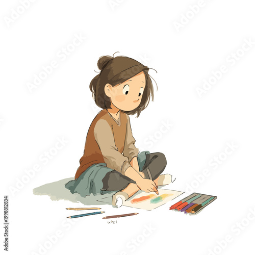 Artist draws with colorful pencils on a sheet of paper.