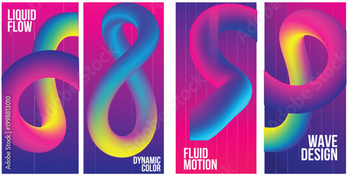 Liquid flow abstract background set, 4 fluid motion vector banners with dynamic color gradients, wave design 3D shapes for social media stories
