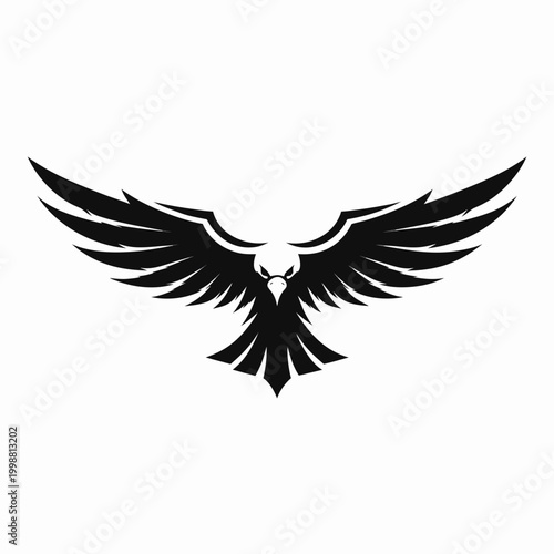 Majestic eagle silhouette with spread wings, black hawk bird of prey vector icon, powerful falcon emblem for sports mascot and branding design