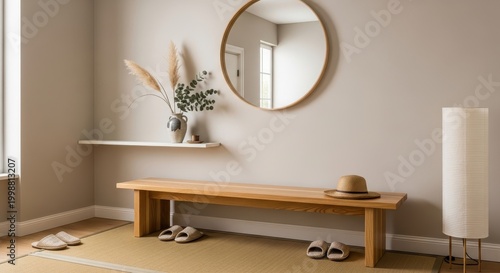 Minimalist Entryway with Wooden Bench and Round Mirror.
