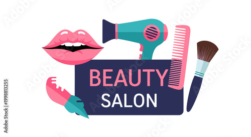 Beauty Salon Logo with Hair Dryer, Comb, and Makeup Brush