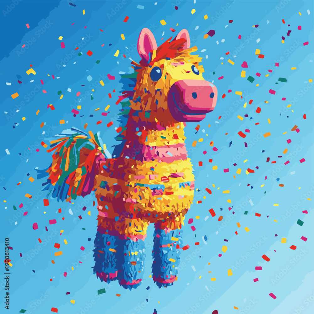 Naklejka premium A colorful pinata surrounded by a festive splash of confetti, perfect for parties and celebrations.