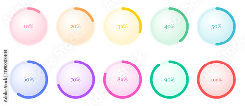 Set of ten pastel circular progress bar infographic elements featuring percentage indicators from ten to one hundred percent for modern user interface design projects