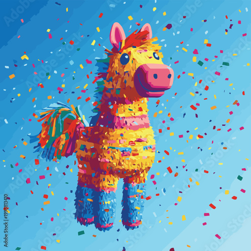 A colorful pinata surrounded by a festive splash of confetti, perfect for parties and celebrations.