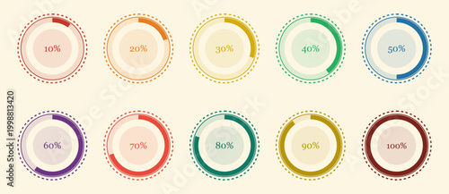 Retro vintage progress bar circle set featuring ten colorful percentage indicators from ten to one hundred percent for business infographic design elements