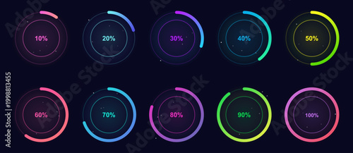 Set of neon circular progress bars with percentage indicators and glowing gradient ui elements for dashboard data visualization and digital interface design
