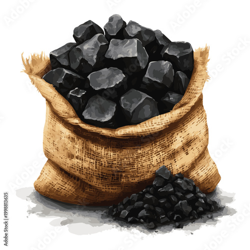 A burlap sack filled with coal, showcasing the raw material used in energy production and manufacturing.
