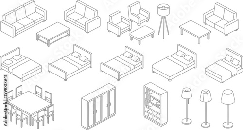Isometric Furniture Set Outline Vector Illustration for Interior Design Planning and Home Decor Layout Projects