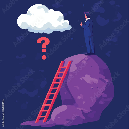 A businessman stands on a rock, contemplating his future with a ladder leading to uncertainty above.