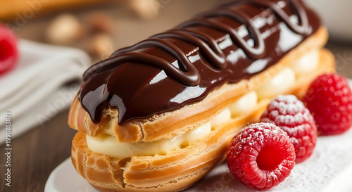 Decadent chocolate eclair filled with cream, topped with dark chocolate glaze and garnished with fresh raspberries.