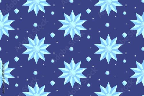 Seamless Blue Crystal Star Night Sky Pattern with Sparkling Snowflake Style Background