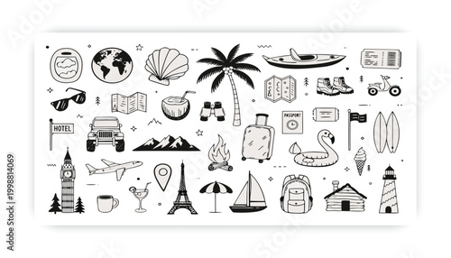 Hand Drawn Travel Doodle Set with Landmarks, Airplane, Beach, Transport and Tourism Icons Vector Illustration,