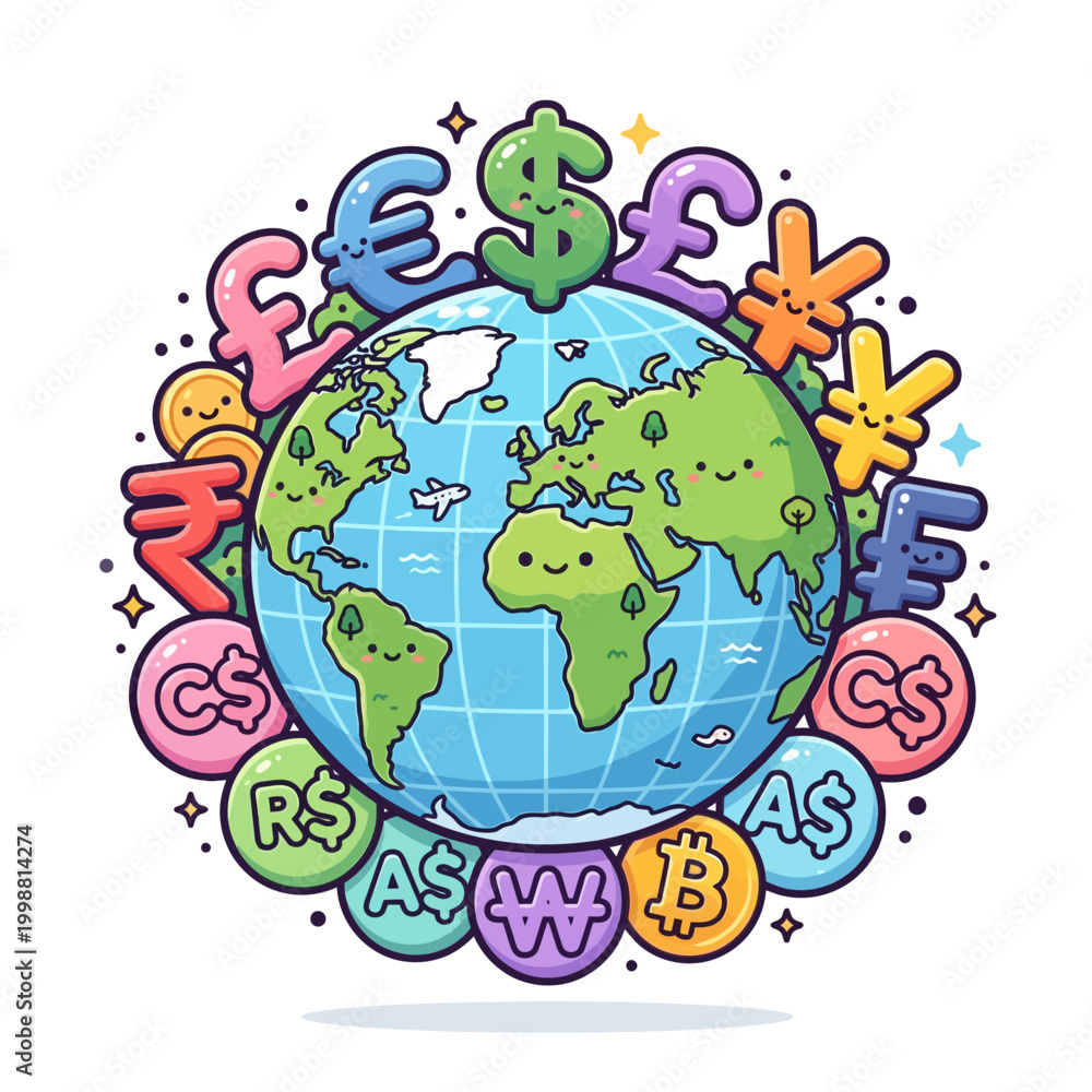 Naklejka premium A colorful illustration of a globe surrounded by various currency symbols worldwide.