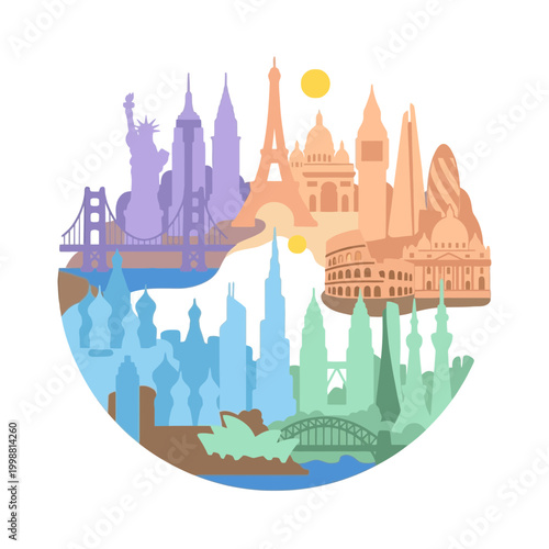 The circular composition showcases a bundling of Earth's historic landmarks and monuments worldwide.