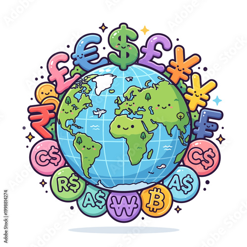 A colorful illustration of a globe surrounded by various currency symbols worldwide.