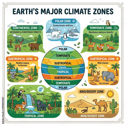 Earth's major climate zones are illustrated in a circular composition bundling geographical regions.