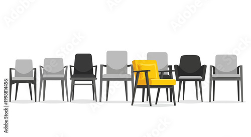 Unique yellow armchair stands out amongst grey and black chairs in a row