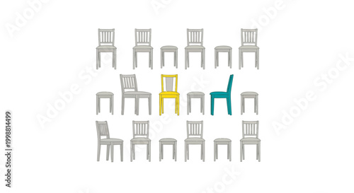 Unique Yellow Chair Stands Out Among Gray Chairs and One Blue Chair