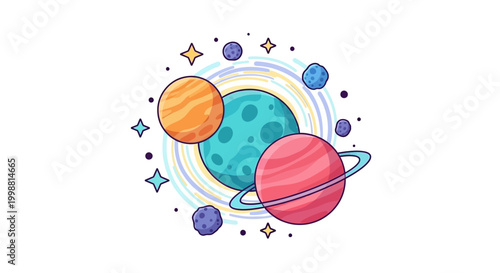 Whimsical Planets and Stars in Space - Colorful Cosmic Illustration