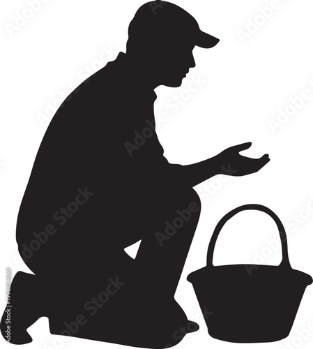 Foto Silhouette of a Gardener or Farmer Kneeling with a Basket