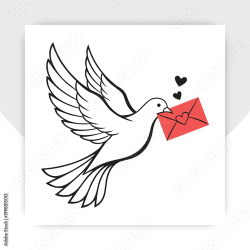 Bird carrying letter in flight delivering postal message. Continuous line drawing of dove and envelope with copy space concept. Vector illustration,