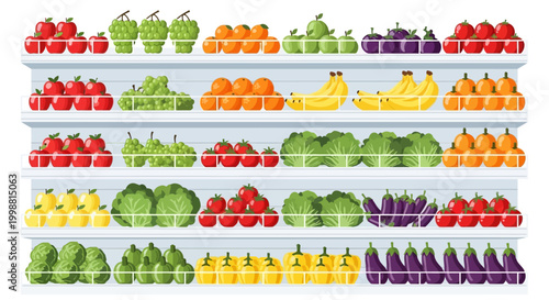 Abundant Fresh Produce Displayed on Supermarket Shelves