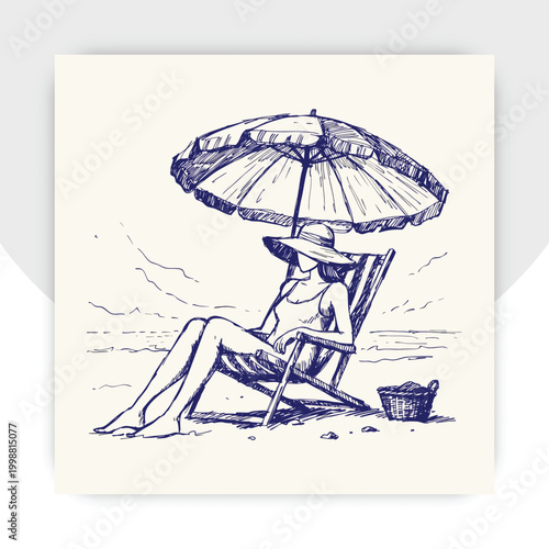 Vector seamless pattern with people on beach. Hand drawn illustration of young men and women sunbathing under umbrellas on the sea coast.  Summer vacation funny texture in sketch style,