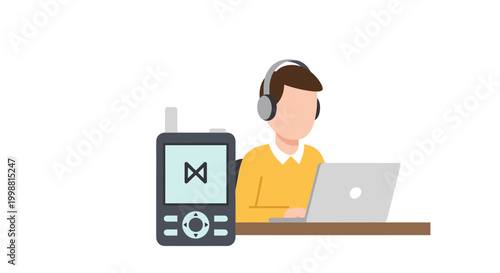 Man wearing headphones using laptop and MP3 player