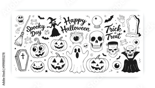 Set of vector cute elements for Halloween isolated on white. Witches, Dark Cute Wizard, potion pot, pumpkins, cat, bats, spider, ghosts, potions, candy, stars. Ideal for postcards, stickers, flyers.