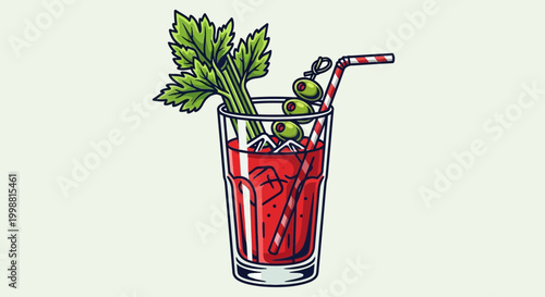Refreshing Bloody Mary cocktail with celery and olives, garnished with a straw and ice.