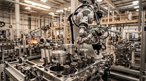 Robotic arms assemble car parts on factory production line machinery