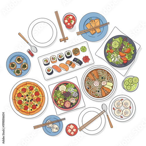Diverse Asian and Italian Food Spread - Sushi, Pizza, Salad, Ramen, Dumplings