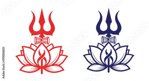 Trishul and Lotus Symbol, Lord Shiva Emblem, Hinduism Icon, Red and Blue