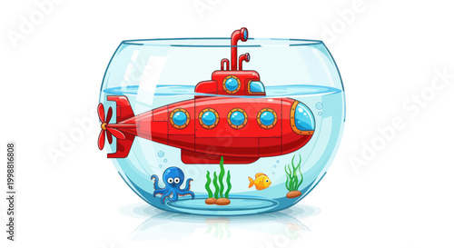 Red Submarine in Fishbowl with Octopus and Goldfish