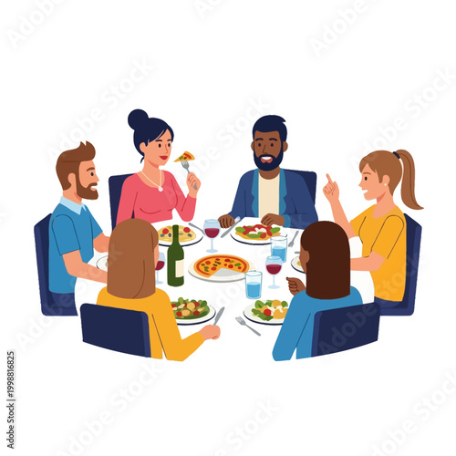 Diverse friends enjoying a pizza dinner party, sharing food and conversation around a table.