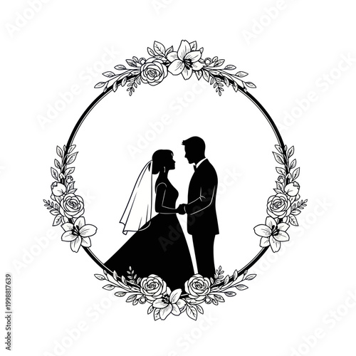 Elegant Wedding Couple Silhouette in Floral Wreath Frame