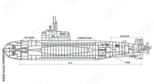 Submarine Blueprint Schematic: Cross-section Diagram of Naval Vessel