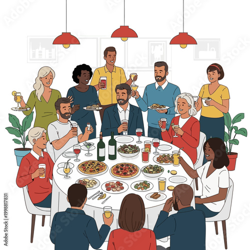 Diverse Group of People Enjoying a Festive Dinner Party Around a Round Table