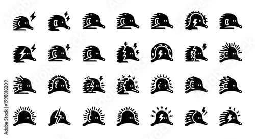 30 black silhouette helmet icons, motorcycle helmets, bike helmets, protective gear, vector graphics