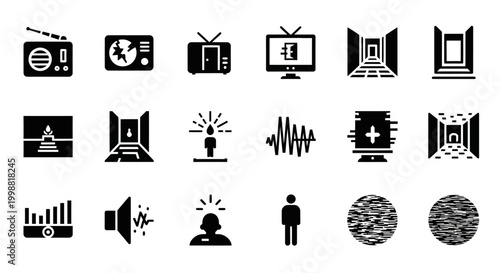 Black, modern media icons, communication symbols, audio visual signs, 20 vector graphics