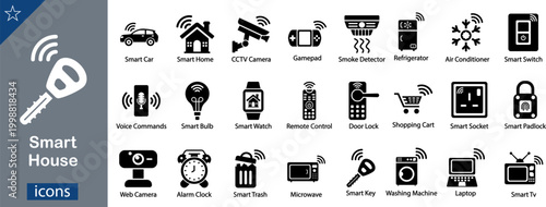 24 Smart House Icons Solid Black Vector Set for IoT Home Automation, Wireless Devices, and Connected Living