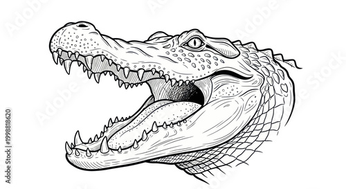 Detailed illustration of an alligator head with mouth open, showing sharp teeth.