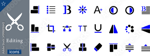21 Editing Icons Black and Blue Vector Set for Text Formatting, Image Adjustment, and Layout Tools