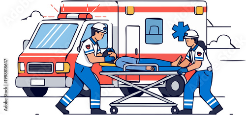 Flat design ambulance emergency service with paramedics carrying patient