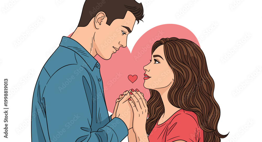 Obraz premium Romantic young couple holding hands and looking into each other's eyes in front of a pink heart symbol for Valentine's Day concepts.