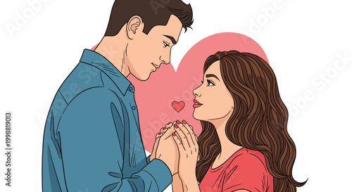 Romantic young couple holding hands and looking into each other's eyes in front of a pink heart symbol for Valentine's Day concepts.