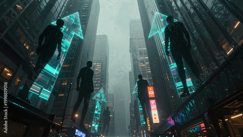Futuristic Digital City Growth Concept with Holographic Figures