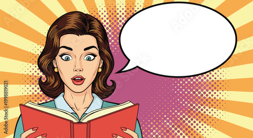Surprised woman with wide eyes reading a red book with an empty speech bubble for text against a vibrant pop art sunburst background.