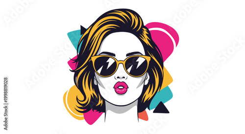Fashionable woman with blonde hair and sunglasses blowing a kiss against a colorful geometric background in a modern pop art style.